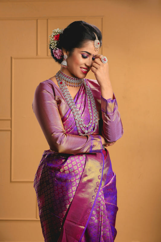 Majestic Violet and Magenta Pure Kanjivaram Silk Saree with Traditional Zari Brocade
