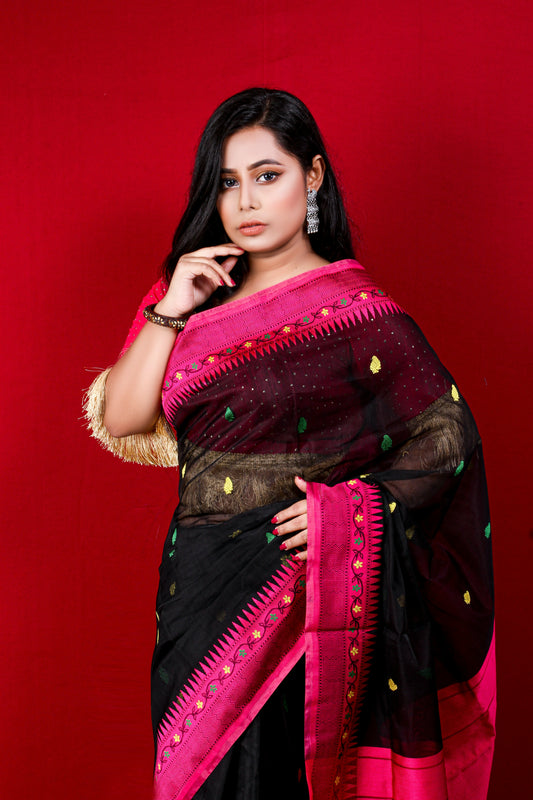 Striking Black & Rani Pink Handloom Saree with Woven Geometric Border