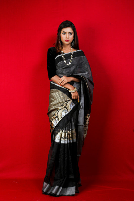 Artisanal Black Linen-Silk Saree with Hand-Painted Patachitra Style Artwork